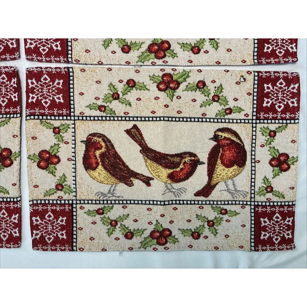 Christmas Winter Bird Tapestry Placemats Set/4 Holiday Snow Holly Gold Metallic